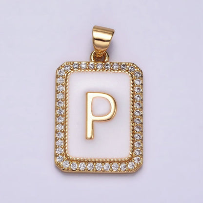 16K Gold Filled Initial Letter A-Z White Enamel Micro Paved CZ Personalized Tag Pendant | A-482-A-494