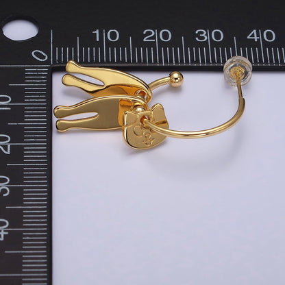 16K Gold Filled Kitty Cat Pet Triple Silhouette Dangle Drop C-Shaped Hoop Earrings in Gold &amp; Silver | AD-313 AD-314