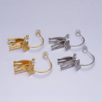 16K Gold Filled Kitty Cat Pet Triple Silhouette Dangle Drop C-Shaped Hoop Earrings in Gold &amp; Silver | AD-313 AD-314