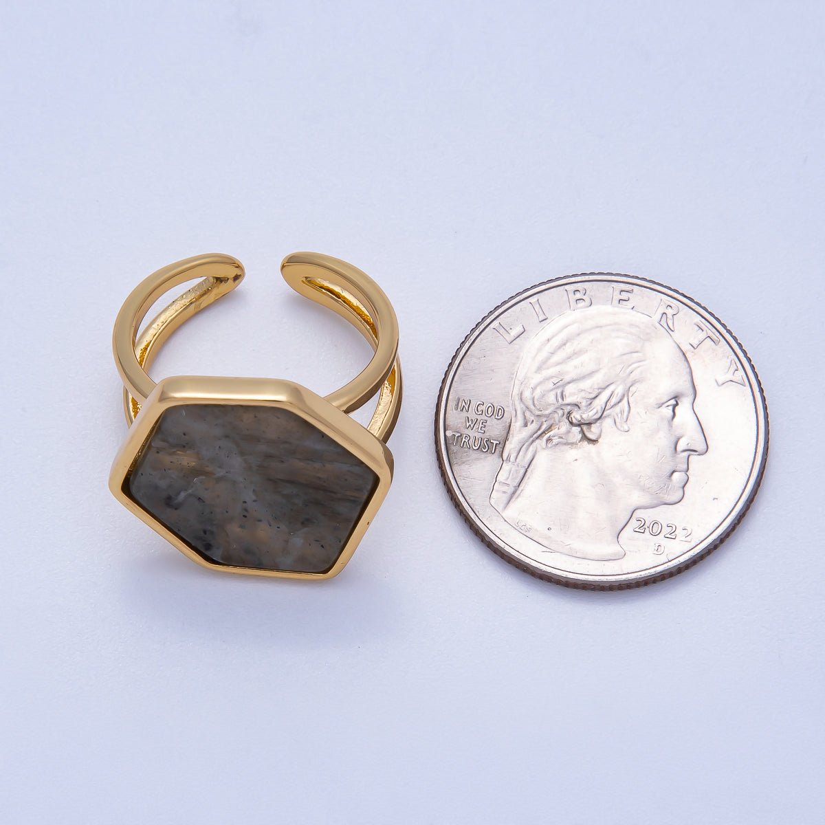 16K Gold Filled Labradorite Gemstone Hexagon Geometric Double Band Ring | Rings-00076