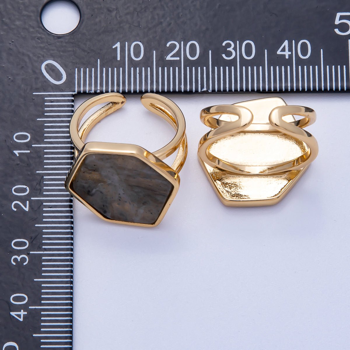 16K Gold Filled Labradorite Gemstone Hexagon Geometric Double Band Ring | Rings-00076