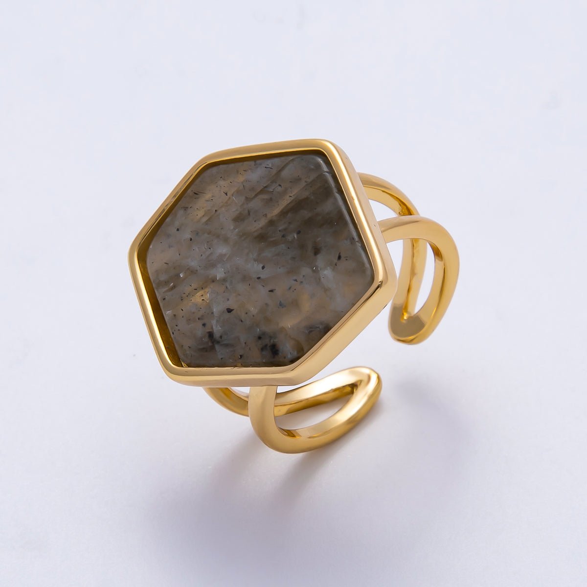 16K Gold Filled Labradorite Gemstone Hexagon Geometric Double Band Ring | Rings-00076
