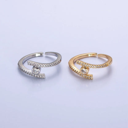 16K Gold Filled Linear Double Micro Paved Band Adjustable Ring in Gold &amp; Silver | O-1916 O-1917