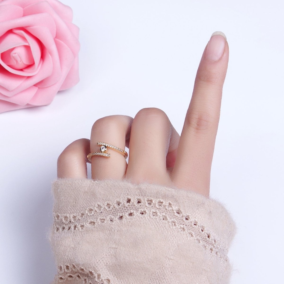 16K Gold Filled Linear Double Micro Paved Band Adjustable Ring in Gold &amp; Silver | O-1916 O-1917