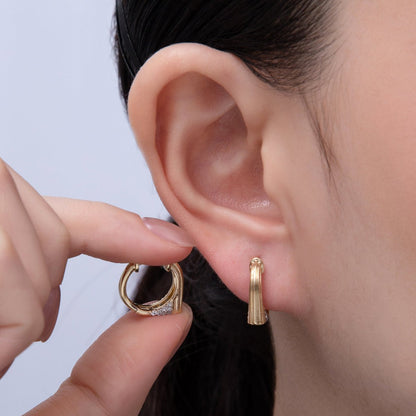 16K Gold Filled Lined Textured Micro Pave CZ Huggie Earrings | Earrings-98