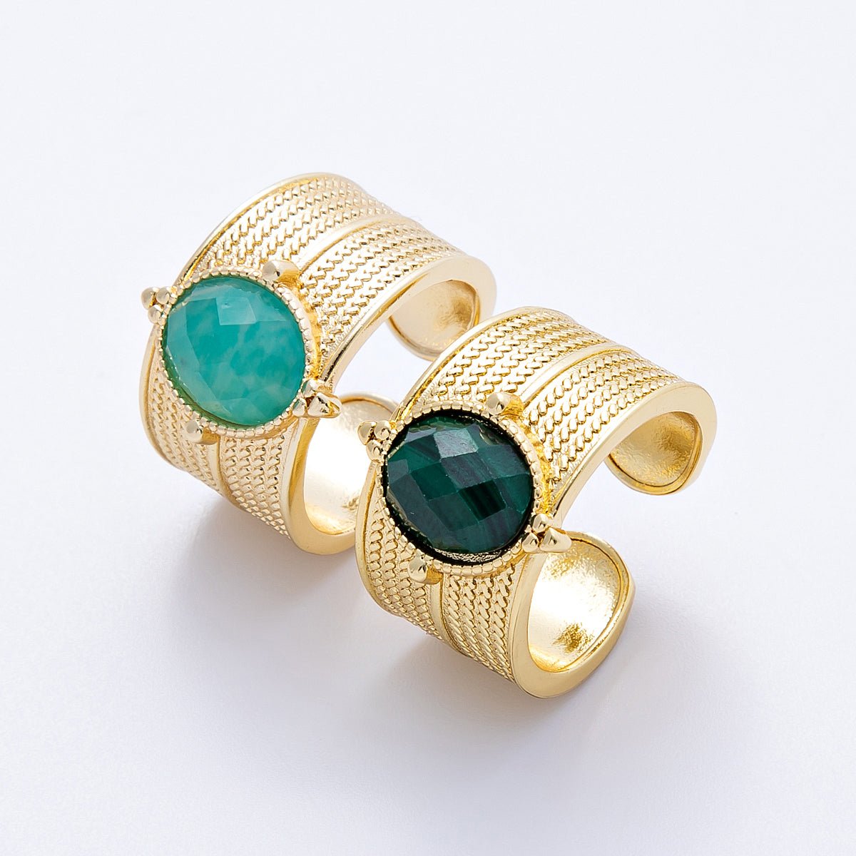 16K Gold Filled Malachite, Amazonite Cabochon Multifaceted Gemstone Textured Wide Ring | Rings-00048 Rings-00049