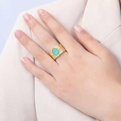 16K Gold Filled Malachite, Amazonite Cabochon Multifaceted Gemstone Textured Wide Ring | Rings-00048 Rings-00049