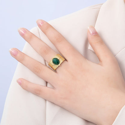 16K Gold Filled Malachite, Amazonite Cabochon Multifaceted Gemstone Textured Wide Ring | Rings-00048 Rings-00049