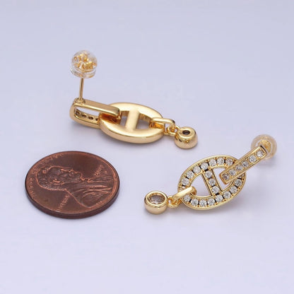 16K Gold Filled Mariner Anchor Link Micro Paved Clear CZ Drop Bar Stud Earrings in Gold &amp; Silver | AD829 AD830