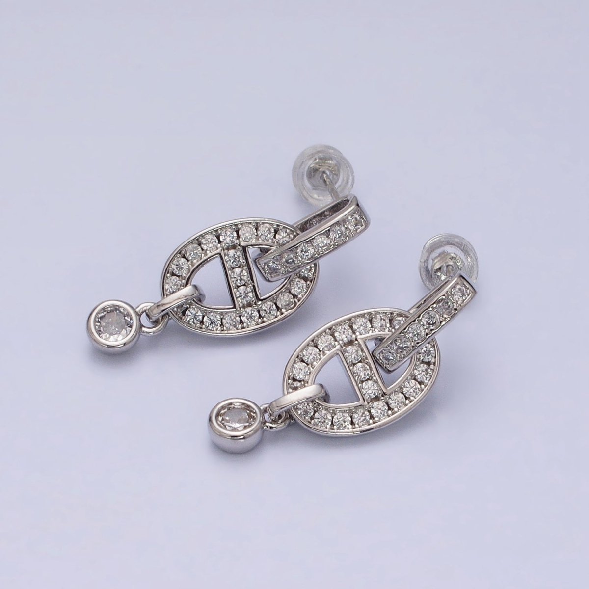 16K Gold Filled Mariner Anchor Link Micro Paved Clear CZ Drop Bar Stud Earrings in Gold &amp; Silver | AD829 AD830
