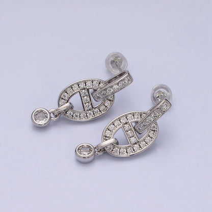 16K Gold Filled Mariner Anchor Link Micro Paved Clear CZ Drop Bar Stud Earrings in Gold &amp; Silver | AD829 AD830