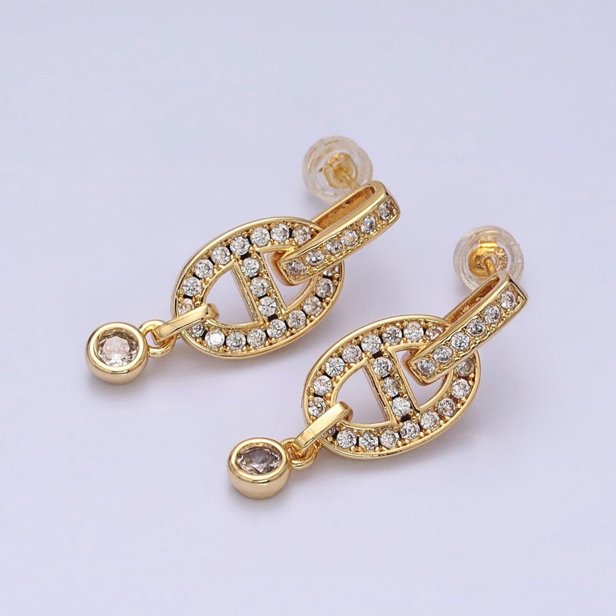 16K Gold Filled Mariner Anchor Link Micro Paved Clear CZ Drop Bar Stud Earrings in Gold &amp; Silver | AD829 AD830