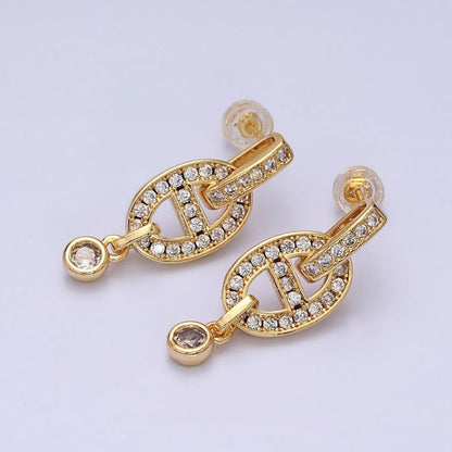 16K Gold Filled Mariner Anchor Link Micro Paved Clear CZ Drop Bar Stud Earrings in Gold &amp; Silver | AD829 AD830