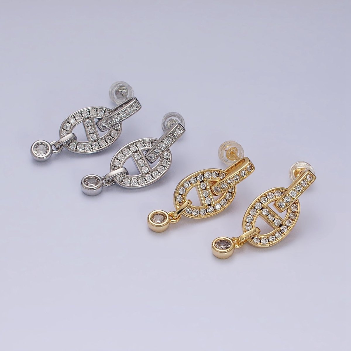 16K Gold Filled Mariner Anchor Link Micro Paved Clear CZ Drop Bar Stud Earrings in Gold &amp; Silver | AD829 AD830