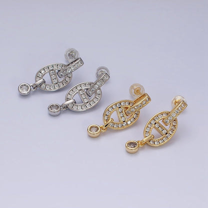 16K Gold Filled Mariner Anchor Link Micro Paved Clear CZ Drop Bar Stud Earrings in Gold &amp; Silver | AD829 AD830