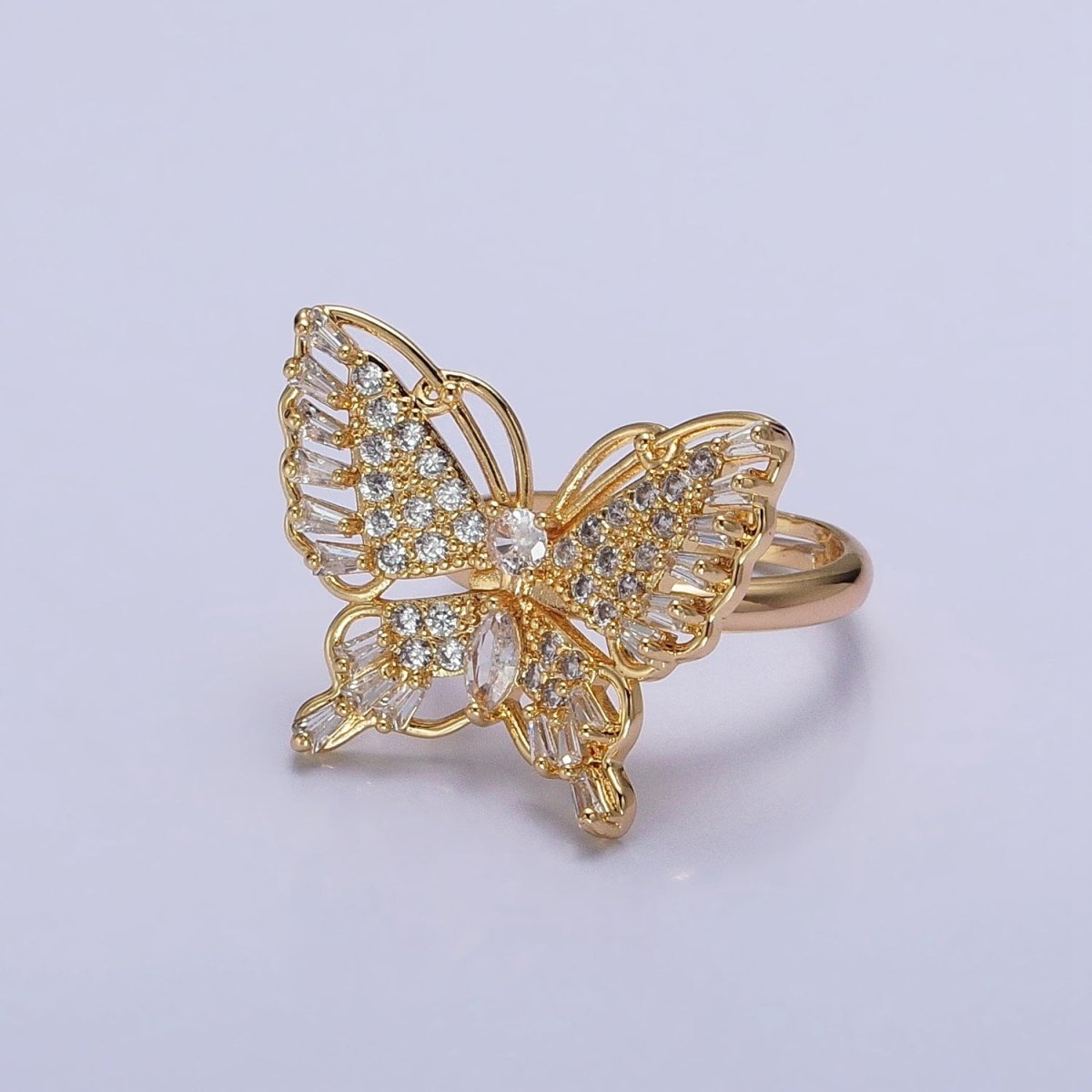 16K Gold Filled Marquise Butterfly Mariposa Micro Paved Baguette Wings Ring in Gold &amp; Silver | O-1940