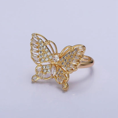 16K Gold Filled Marquise Butterfly Mariposa Micro Paved Baguette Wings Ring in Gold &amp; Silver | O-1940