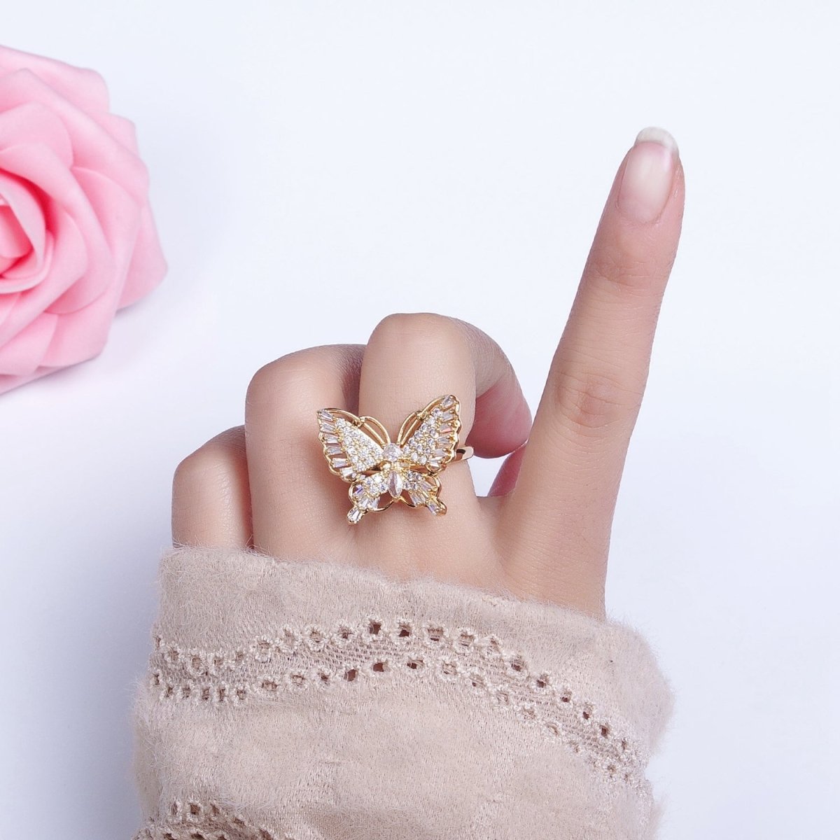 16K Gold Filled Marquise Butterfly Mariposa Micro Paved Baguette Wings Ring in Gold &amp; Silver | O-1940