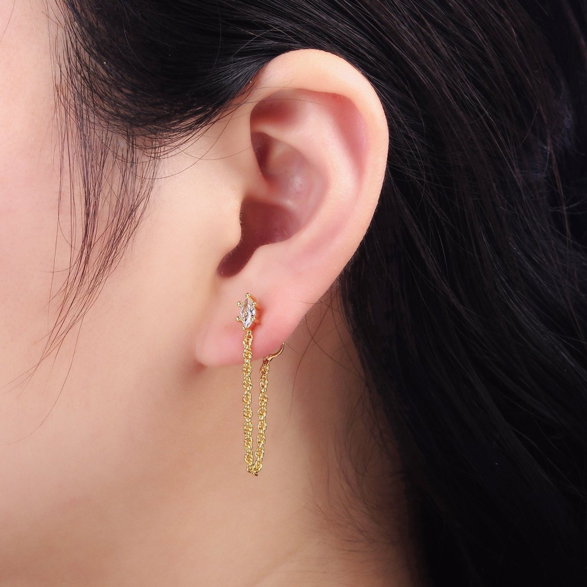 16K Gold Filled Clear CZ Marquise Chain Link Stud Earrings | T060