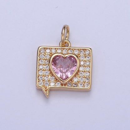 16K Gold Filled Micro pave Heart Message Emoji Charm, Pink Heart Charm N-433