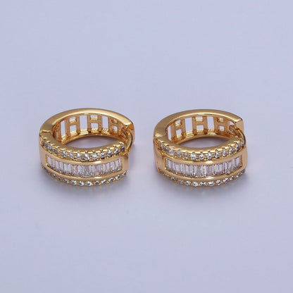 16K Gold Filled Micro Paved Baguette Lined Cubic Zirconia Huggie Hoops Earrings | AD-496