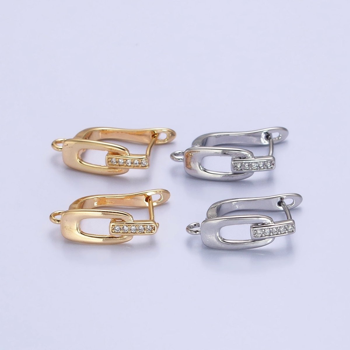 16K Gold Filled Micro Paved Bar Oblong Open Loop English Lock Earrings Supply in Gold &amp; Silver | Z-328 Z-329