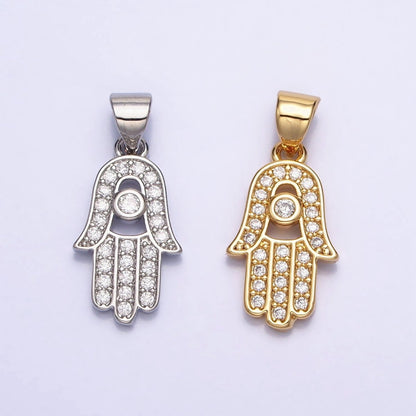 16K Gold Filled Micro Paved Clear CZ Protection Hamsa Hand Evil Eye Pendant in Gold &amp; Silver | AA386 AA387