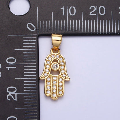 16K Gold Filled Micro Paved Clear CZ Protection Hamsa Hand Evil Eye Pendant in Gold &amp; Silver | AA386 AA387