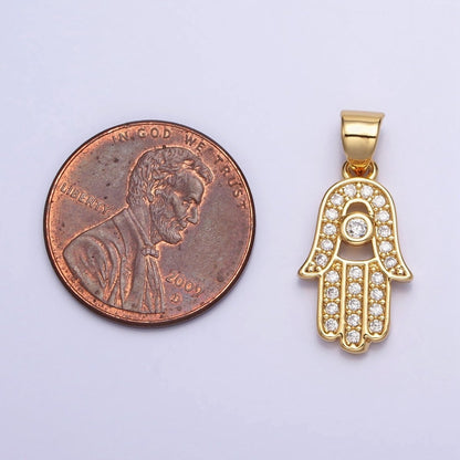 16K Gold Filled Micro Paved Clear CZ Protection Hamsa Hand Evil Eye Pendant in Gold &amp; Silver | AA386 AA387