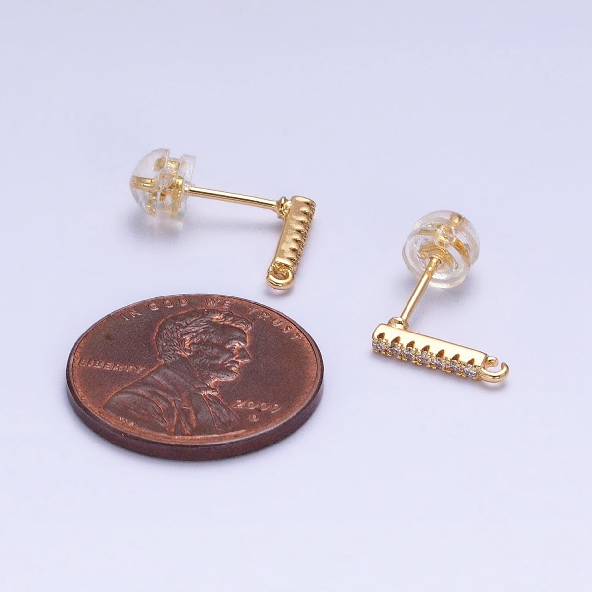 16K Gold Filled Micro Paved CZ 11mm Bar Open Loop Stud Earrings Supply in Gold &amp; Silver | Z-371 Z-372