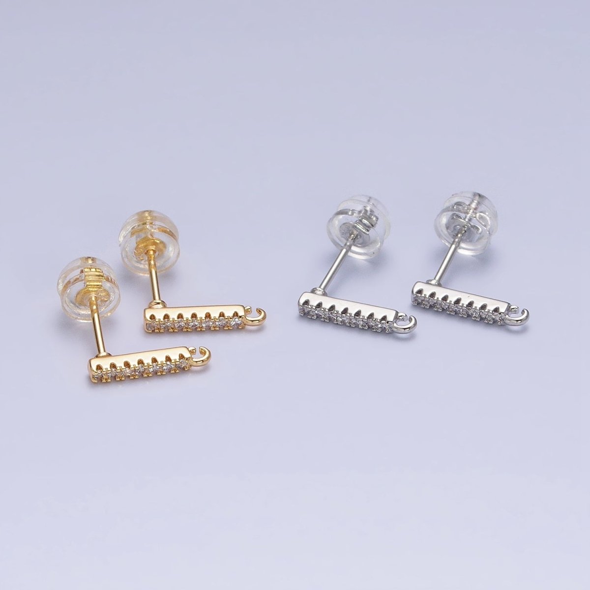 16K Gold Filled Micro Paved CZ 11mm Bar Open Loop Stud Earrings Supply in Gold &amp; Silver | Z-371 Z-372