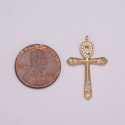 16K Gold Filled Micro Paved CZ Ankh Cross Egyptian Pantheon 27.5mm, 40.5mm Charm N-173 N-174