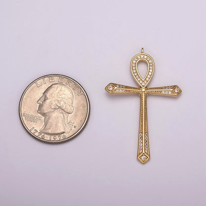 16K Gold Filled Micro Paved CZ Ankh Cross Egyptian Pantheon 27.5mm, 40.5mm Charm N-173 N-174