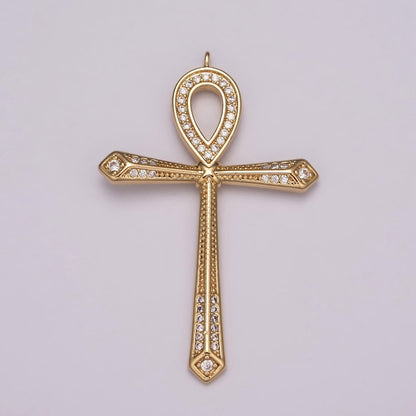 16K Gold Filled Micro Paved CZ Ankh Cross Egyptian Pantheon 27.5mm, 40.5mm Charm N-173 N-174