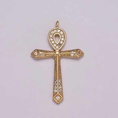 16K Gold Filled Micro Paved CZ Ankh Cross Egyptian Pantheon 27.5mm, 40.5mm Charm N-173 N-174