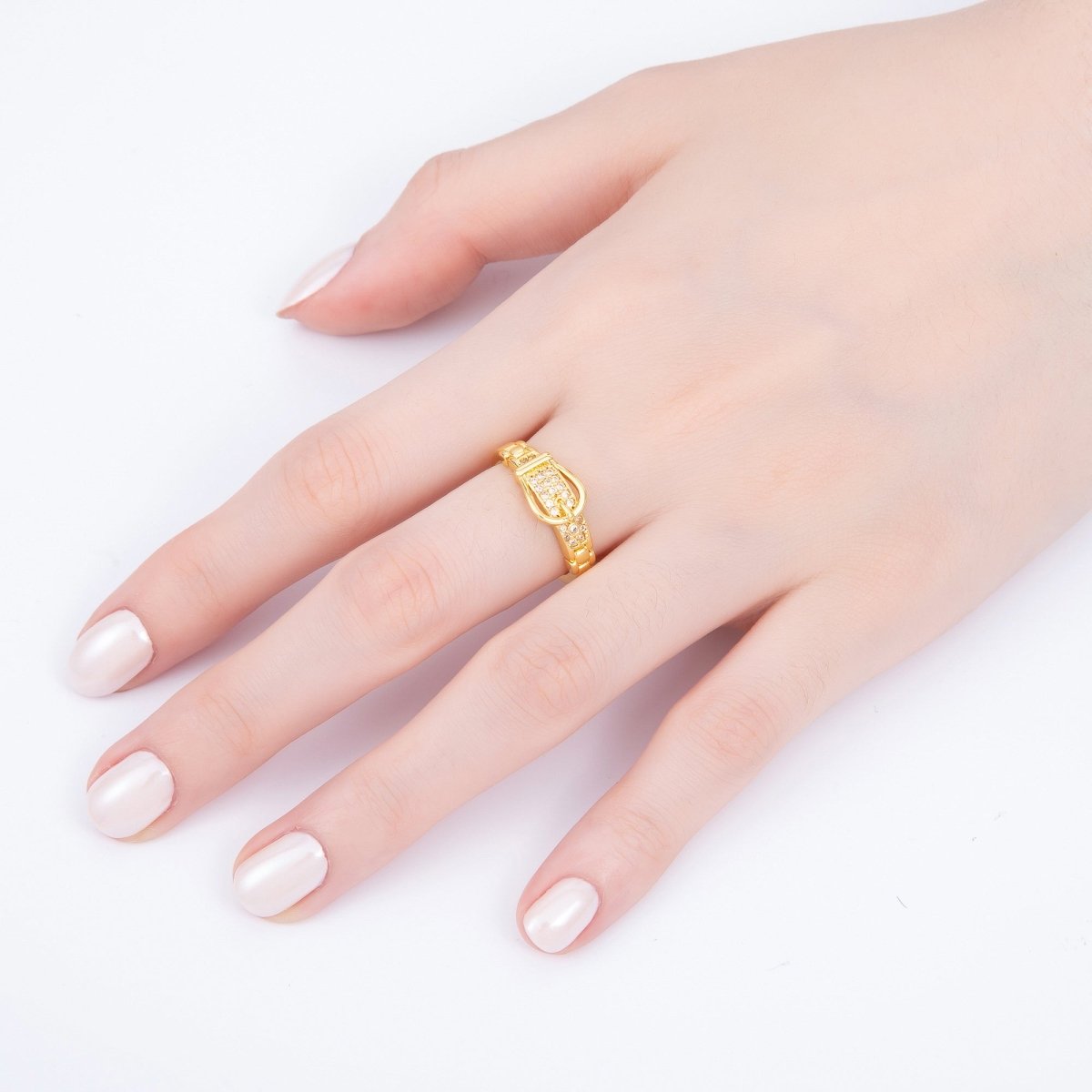16K Gold Filled Micro Paved CZ Belt Buckle Ring | RINGS-00077