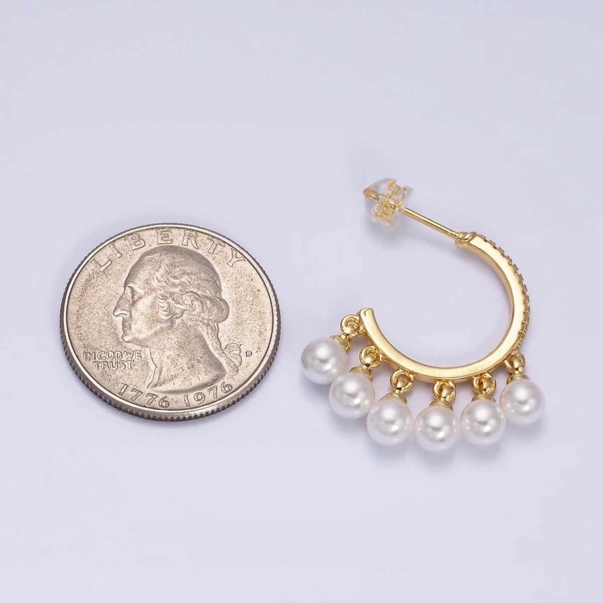 16K Gold Filled Micro Paved CZ C-Shaped Round Pearl Drop Dangle Hoop Earrings in Gold &amp; Silver | AD1167 AD1168