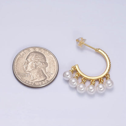 16K Gold Filled Micro Paved CZ C-Shaped Round Pearl Drop Dangle Hoop Earrings in Gold &amp; Silver | AD1167 AD1168