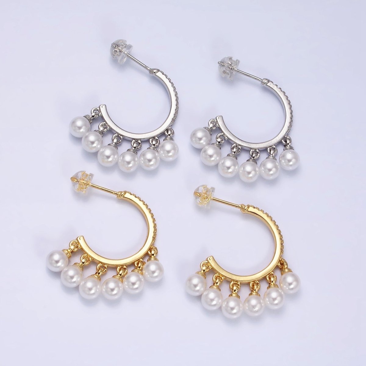 16K Gold Filled Micro Paved CZ C-Shaped Round Pearl Drop Dangle Hoop Earrings in Gold &amp; Silver | AD1167 AD1168