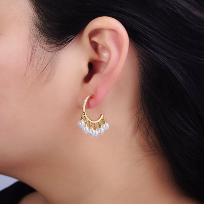 16K Gold Filled Micro Paved CZ C-Shaped Round Pearl Drop Dangle Hoop Earrings in Gold &amp; Silver | AD1167 AD1168