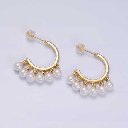 16K Gold Filled Micro Paved CZ C-Shaped Round Pearl Drop Dangle Hoop Earrings in Gold &amp; Silver | AD1167 AD1168