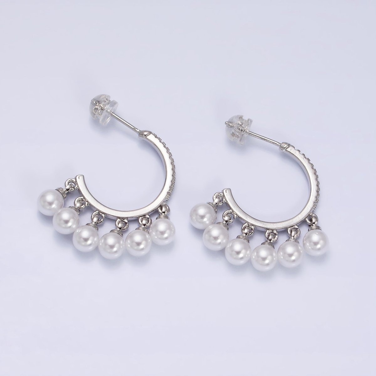 16K Gold Filled Micro Paved CZ C-Shaped Round Pearl Drop Dangle Hoop Earrings in Gold &amp; Silver | AD1167 AD1168