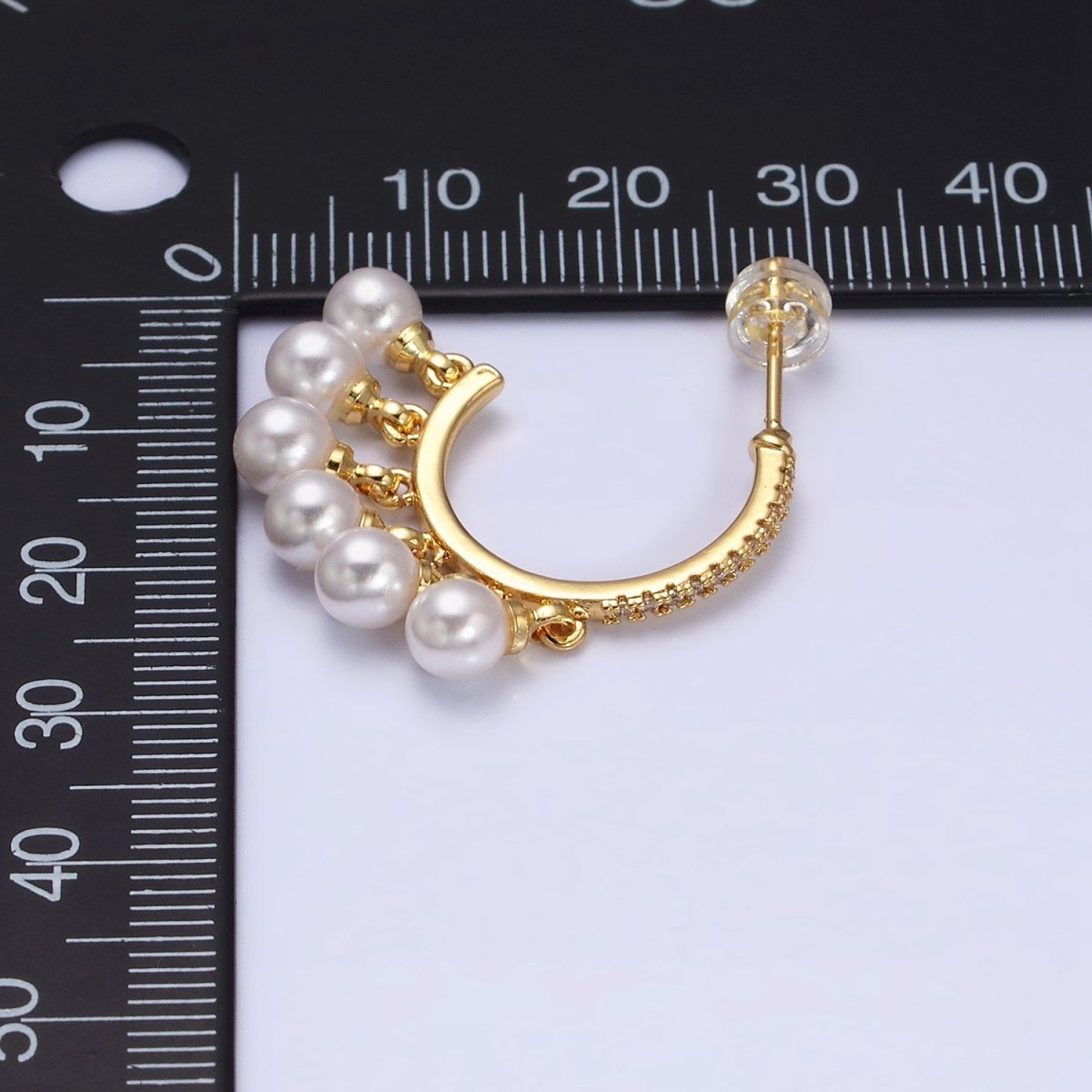 16K Gold Filled Micro Paved CZ C-Shaped Round Pearl Drop Dangle Hoop Earrings in Gold &amp; Silver | AD1167 AD1168