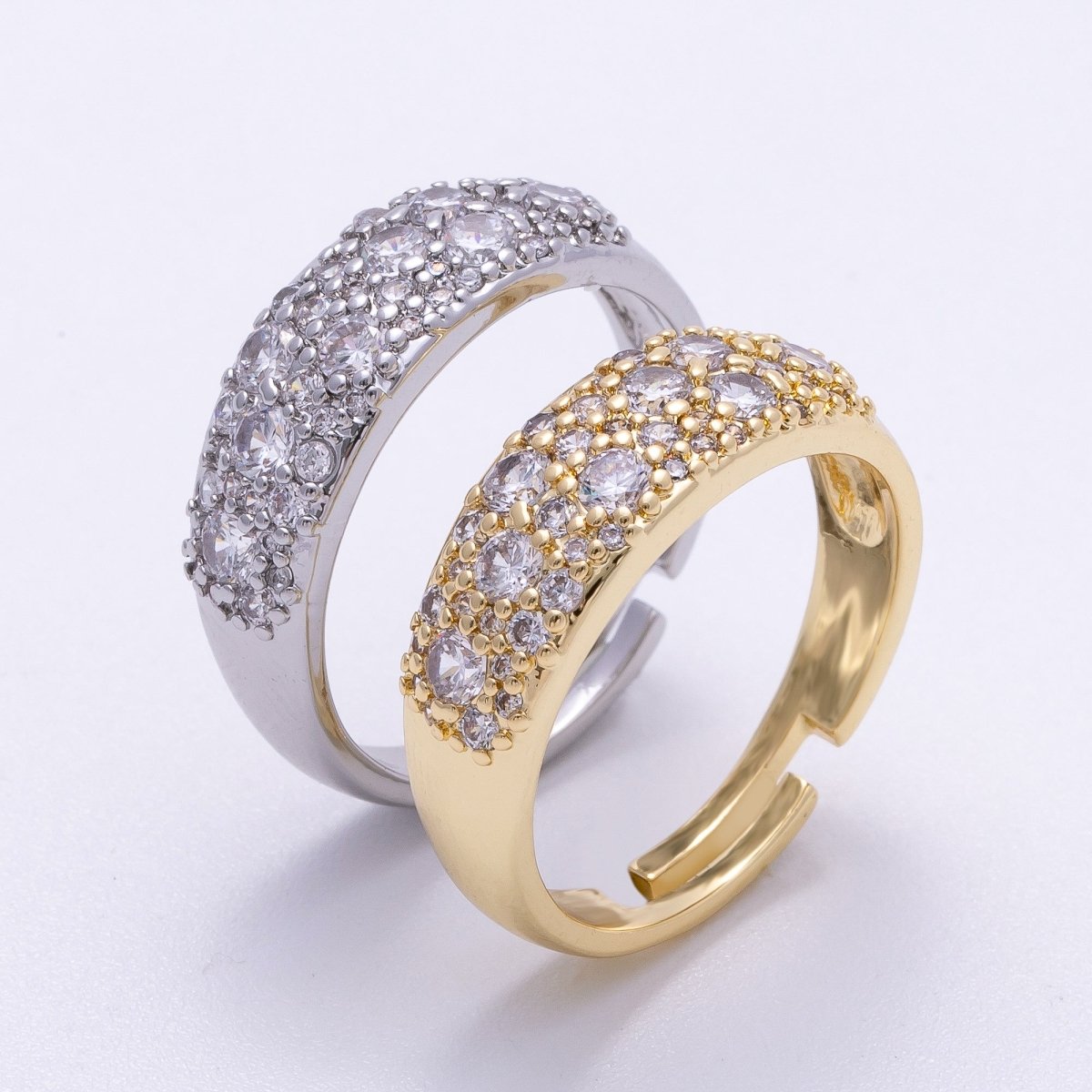 16K Gold Filled Micro Paved CZ Cluster Wide Dome Adjustable Ring in Gold &amp; Silver | Rings-00078 Rings-00079
