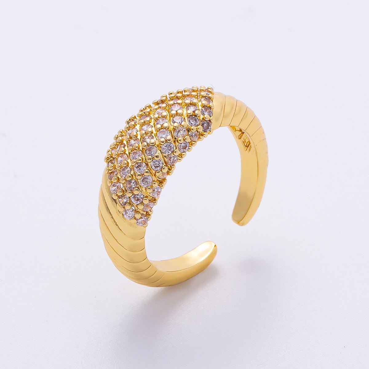16K Gold Filled Micro Paved CZ Croissant Ribbed Ring | RINGS-00068