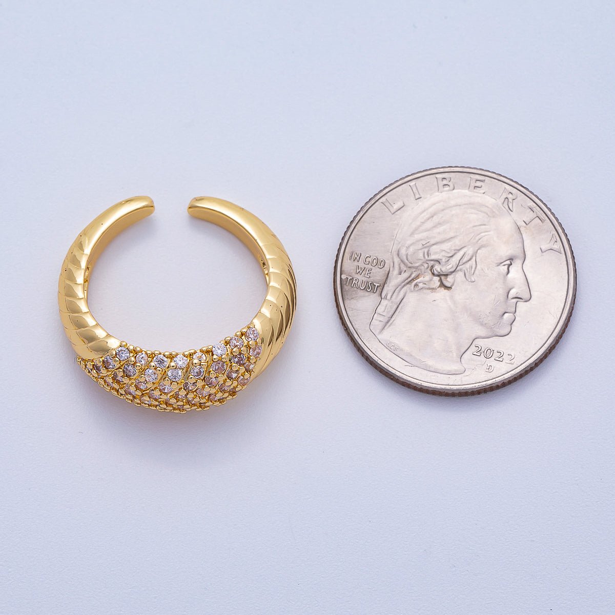 16K Gold Filled Micro Paved CZ Croissant Ribbed Ring | RINGS-00068