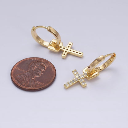 16K Gold Filled Micro Paved CZ Cross Religious Drop Huggie Earrings in Gold | AD1225