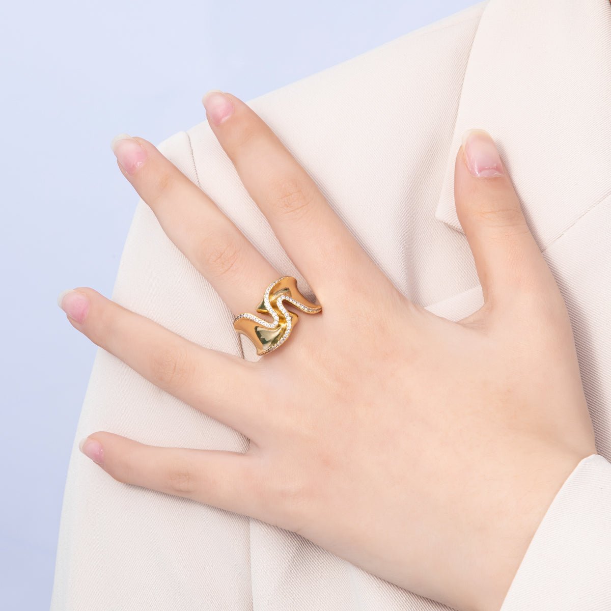 16K Gold Filled Micro Paved CZ Foil Wavy Abstract Statement Ring | Rings-00021