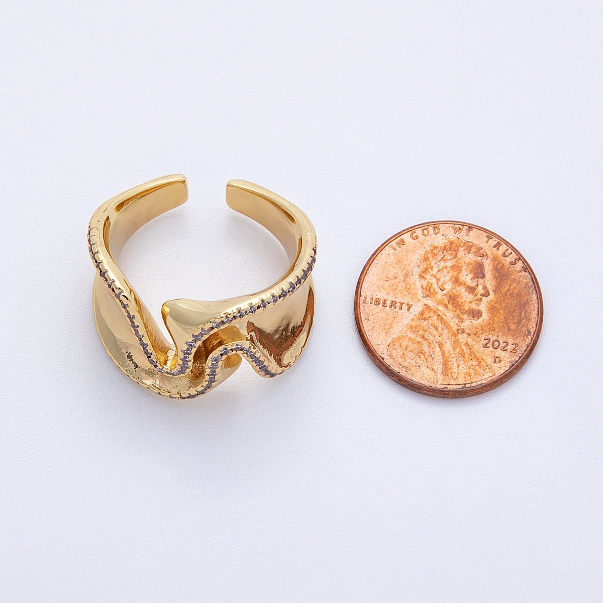 16K Gold Filled Micro Paved CZ Foil Wavy Abstract Statement Ring | Rings-00021