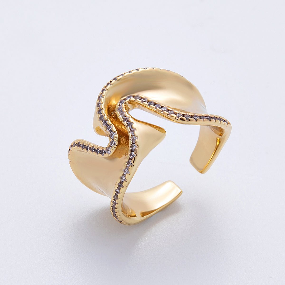 16K Gold Filled Micro Paved CZ Foil Wavy Abstract Statement Ring | Rings-00021